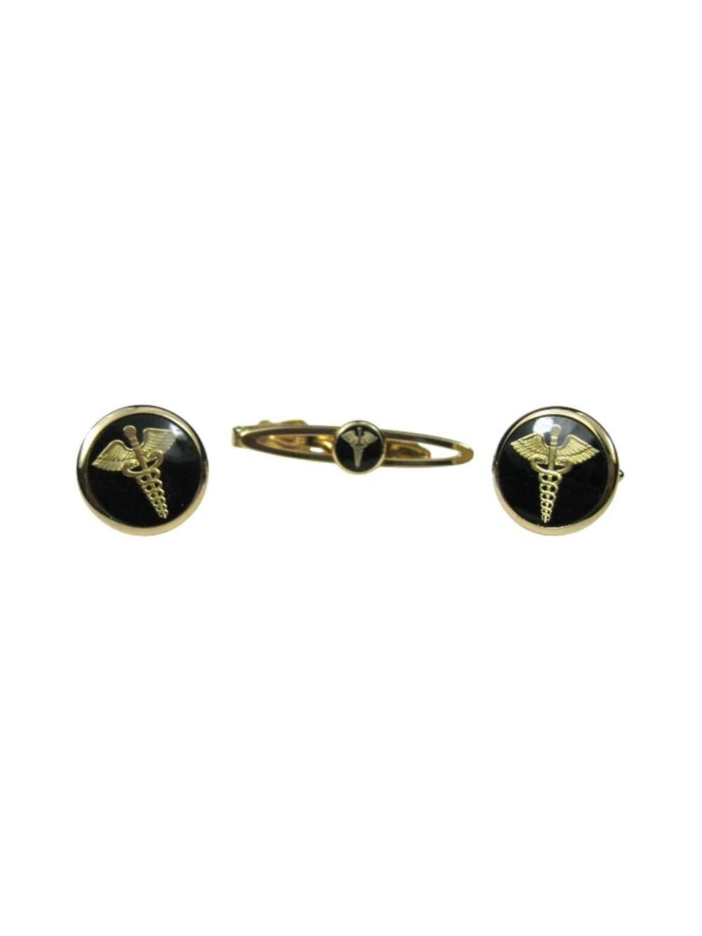 Swank Set 3 Cufflinks and Tie Clip Bar Gold Tone Caduceus Medical Doctor Signed